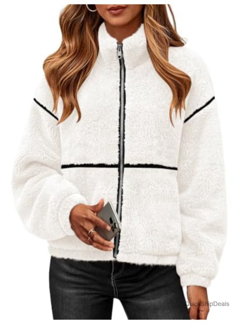 Sherpa Fleece Jacket Zip Up Winter Coat Oversized Stand Collar